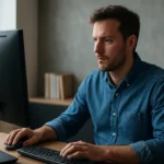 Férfi, aki egy számítógép előtt ül, a védett módra összpontosítva.