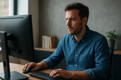 Férfi, aki egy számítógép előtt ül, a védett módra összpontosítva.