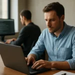 Férfi laptopon dolgozik, SCTP protokoll elemzése közben.