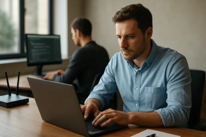 Férfi laptopon dolgozik, SCTP protokoll elemzése közben.