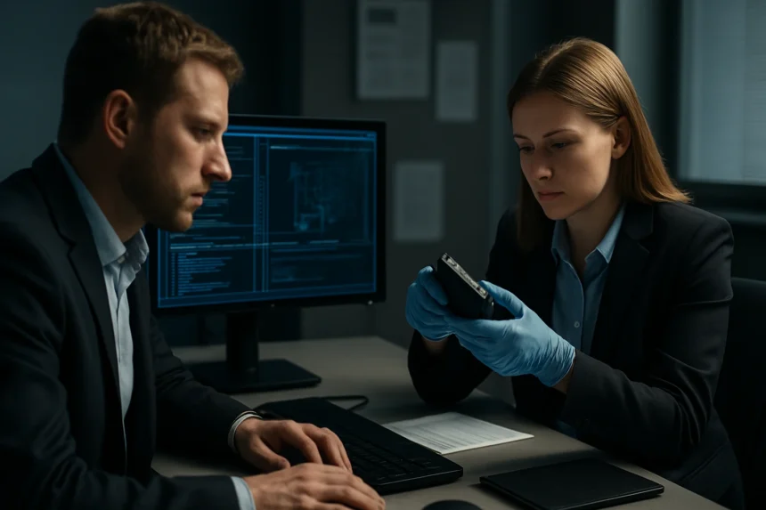 Digitális kriminalisztikával foglalkozó szakemberek laptop előtt