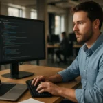 Full stack fejlesztő programozás közben számítógép előtt.