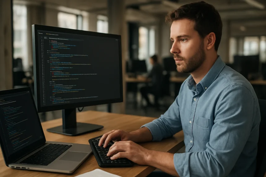 Full stack fejlesztő programozás közben számítógép előtt.