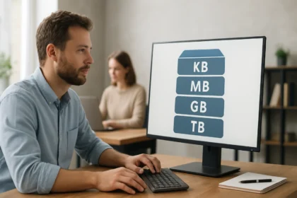 Férfi számítógép előtt, decimális prefixumok: KB, MB, GB, TB.