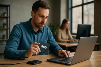 Férfi SSD-t tart a kezében, miközben laptopon dolgozik