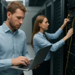 Szerverek közötti adatátvitel az adatközpontban, technikai munkatársak dolgoznak.