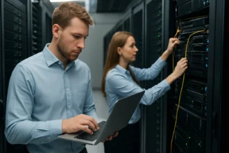 Szerverek közötti adatátvitel az adatközpontban, technikai munkatársak dolgoznak.