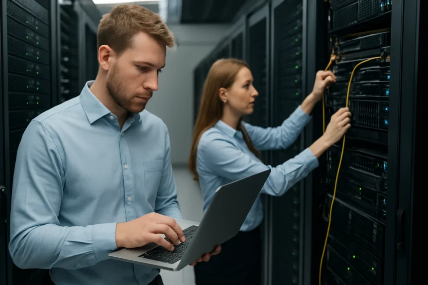 Szerverek közötti adatátvitel az adatközpontban, technikai munkatársak dolgoznak.