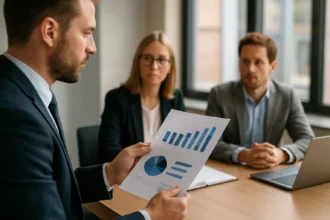 Férfi üzleti megbeszélés során teljesítményjelentést mutat be