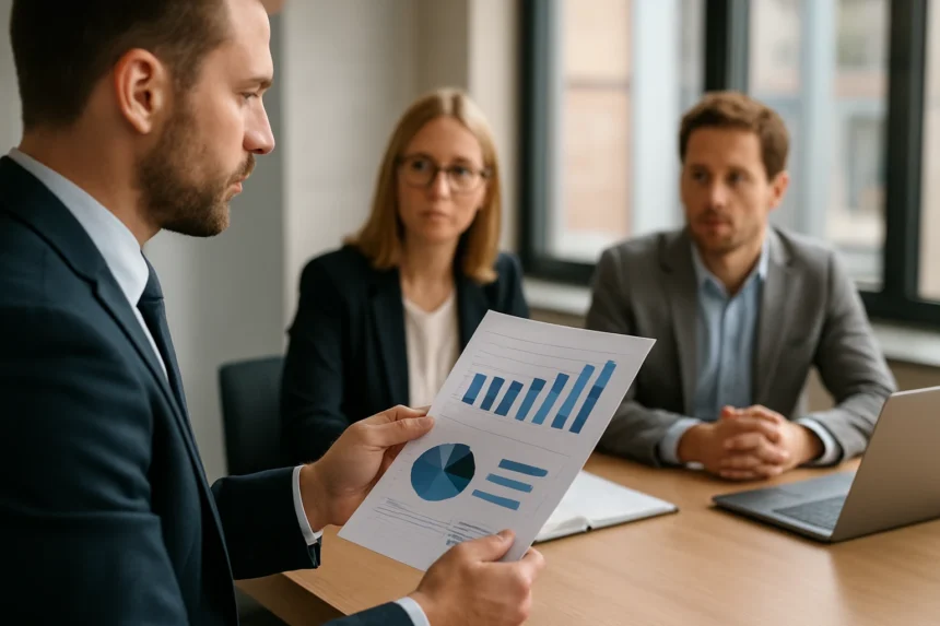 Férfi üzleti megbeszélés során teljesítményjelentést mutat be