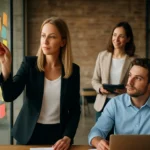 Csoportmunka az innovációs kultúra fejlesztéséért egy irodában.