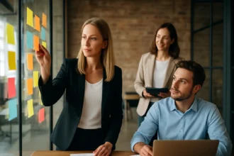 Csoportmunka az innovációs kultúra fejlesztéséért egy irodában.