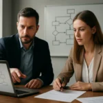 Üzleti folyamatok megbeszélése laptop előtt gondolkodó szakemberekkel.