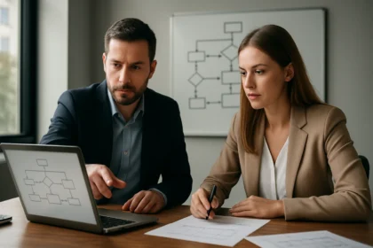 Üzleti folyamatok megbeszélése laptop előtt gondolkodó szakemberekkel.