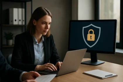 Felnőtt nő számítógépes munkát végez, DLP adatbiztonsági megoldással.