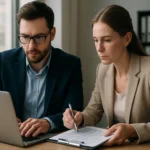 Szoftveraudit folyamat bemutatása két szakemberrel az irodában.