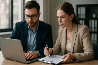 Szoftveraudit folyamat bemutatása két szakemberrel az irodában.
