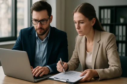 Szoftveraudit folyamat bemutatása két szakemberrel az irodában.