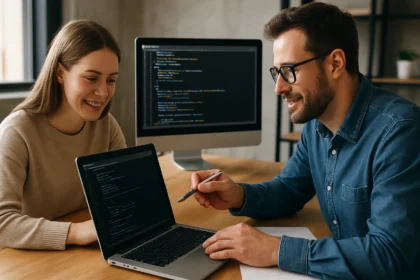 Két szoftverfejlesztő közösen dolgozik laptop és monitor előtt.