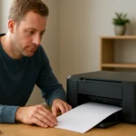 Egy férfi, aki egy non-impact nyomtatónál ül, papírt készít elő.