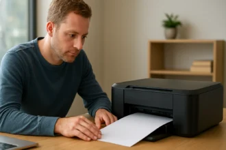 Egy férfi, aki egy non-impact nyomtatónál ül, papírt készít elő.