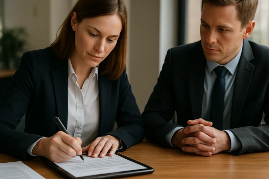 Nő elektronikus aláírást készít táblagépen üzleti környezetben.