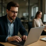 Férfi és nő dolgozik számítógép előtt irodai környezetben.