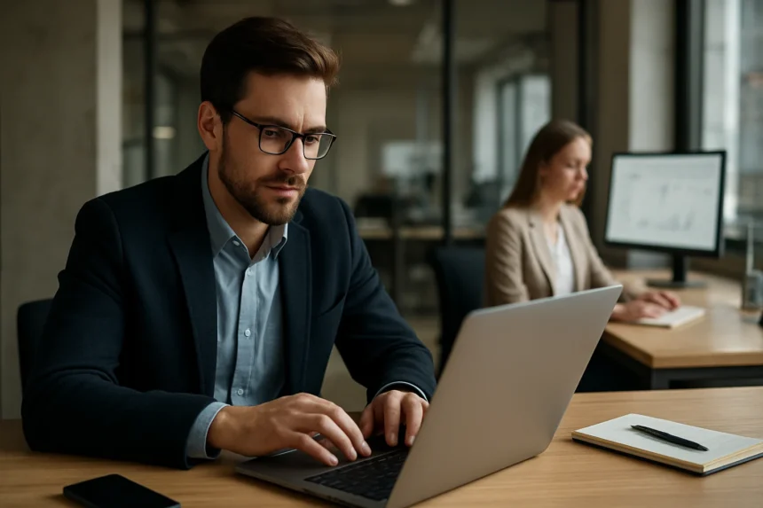 Férfi és nő dolgozik számítógép előtt irodai környezetben.