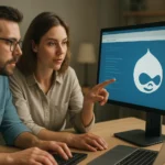 Két ember Drupal CMS használatán dolgozik számítógép előtt.