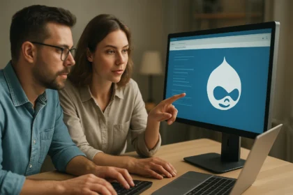 Két ember Drupal CMS használatán dolgozik számítógép előtt.