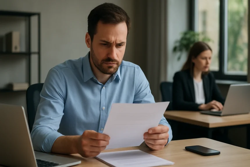 Férfi papírokat olvas, a CCENT tanúsítványról gondolkodik.