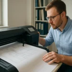 Férfi, aki plotter rajzgépet használ technikai rajzokhoz.