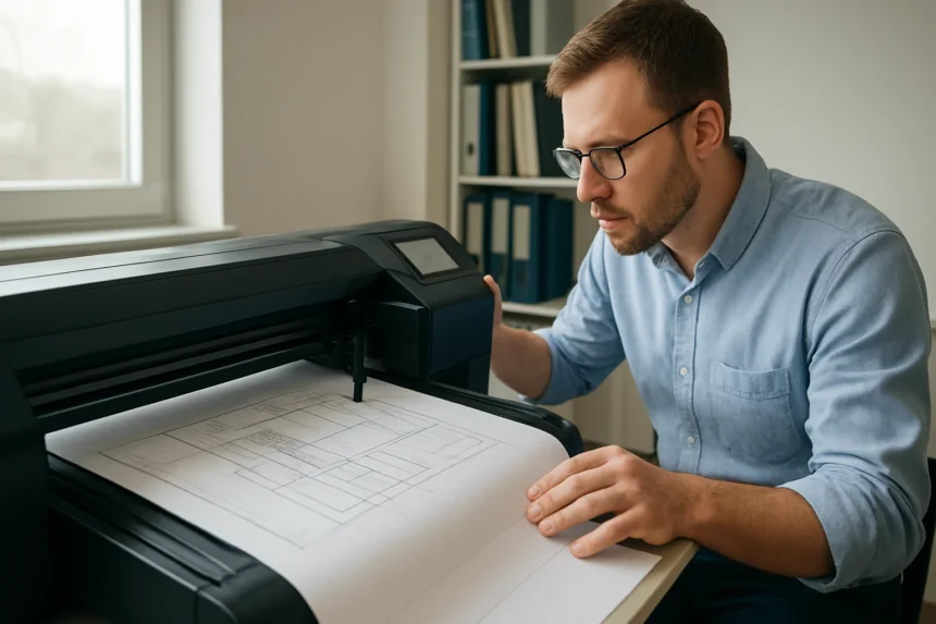 Férfi, aki plotter rajzgépet használ technikai rajzokhoz.