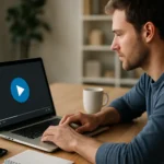 Férfi videólejátszást indít a laptopján a Vimeo platformon.