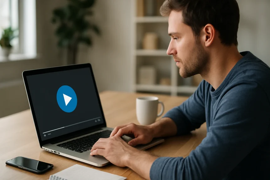 Férfi videólejátszást indít a laptopján a Vimeo platformon.