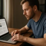 Férfi laptop előtt, weboldalakat böngészve és programozás közben.