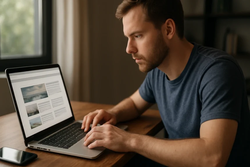 Férfi laptop előtt, weboldalakat böngészve és programozás közben.