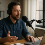 Férfi podcastolás közben, technológiai háttérrel, laptop és mikrofon előtt.