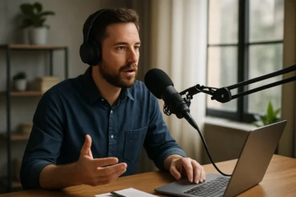 Férfi podcastolás közben, technológiai háttérrel, laptop és mikrofon előtt.