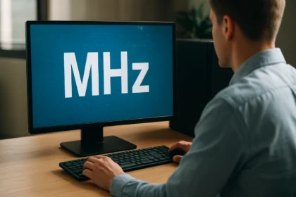 Férfi dolgozik a számítógépén, MHz felirattal a képernyőn.