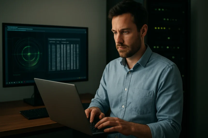 Szakember hálózati szkennelés közben biztonsági intézkedésekhez