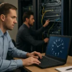 Férfi laptopon NTP időszinkronizációs folyamat közben.