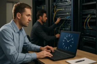 Férfi laptopon NTP időszinkronizációs folyamat közben.