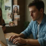 Férfi a laptopján dolgozik, miközben régi képeket nézeget a Web 2.0 világában.