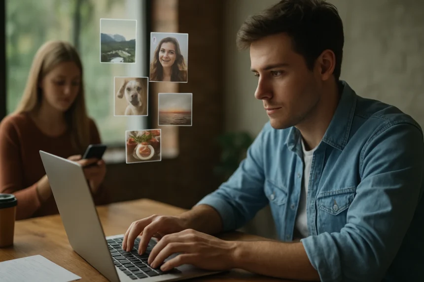 Férfi a laptopján dolgozik, miközben régi képeket nézeget a Web 2.0 világában.