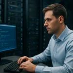 Férfi dolgozik a VMware vSAN hiperkonvergens infrastruktúráján