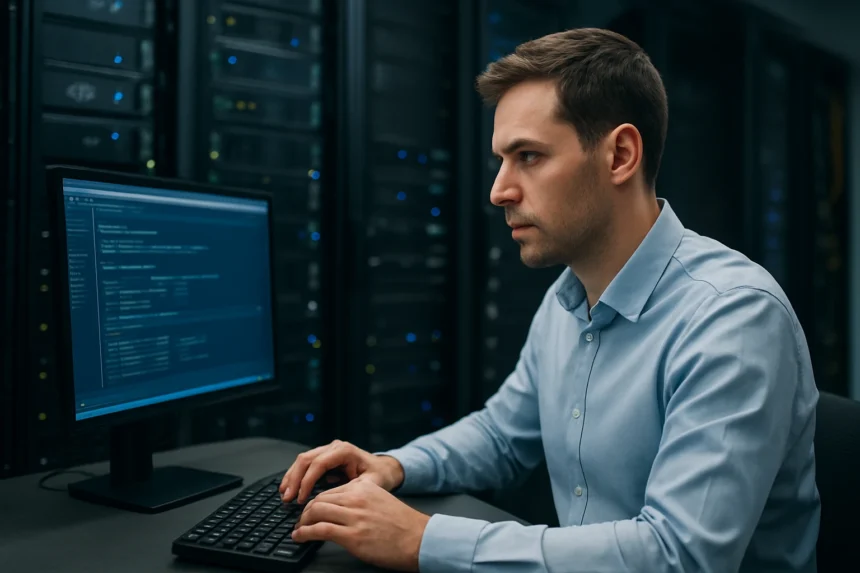 Férfi dolgozik a VMware vSAN hiperkonvergens infrastruktúráján