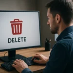 Férfi a számítógép előtt, törlés parancsot használva az IT-ben.