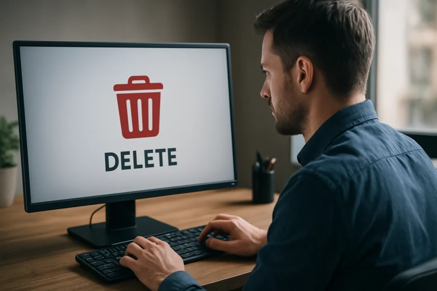 Férfi a számítógép előtt, törlés parancsot használva az IT-ben.