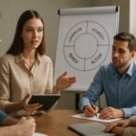 Egy nő elmagyarázza az AIDA marketing modellt egy üzleti megbeszélésen.